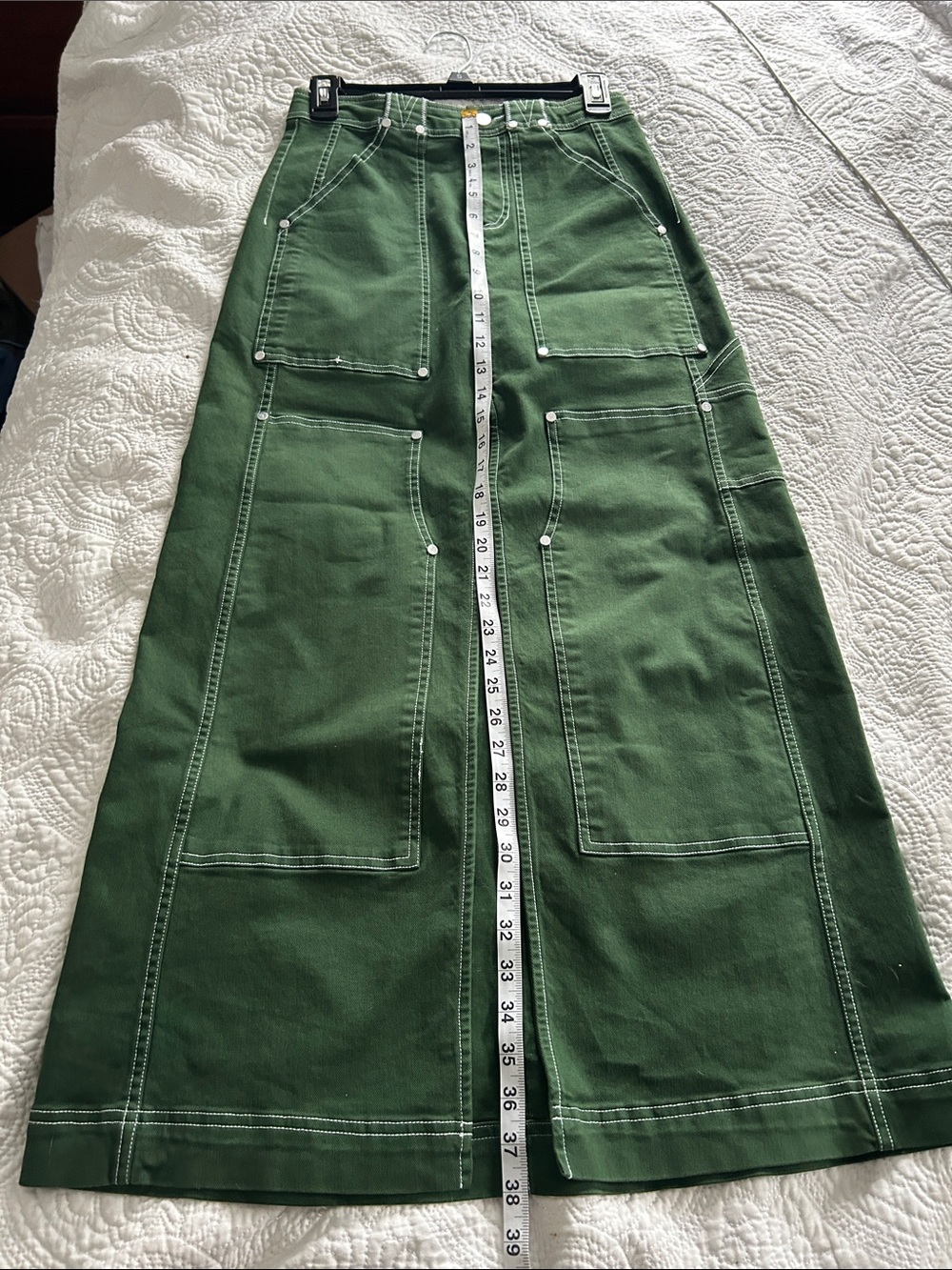 Anthr Pilcro Forest Green Carpenter Skirt Front Slit and Contrast Stitching - Picture 15 of 15